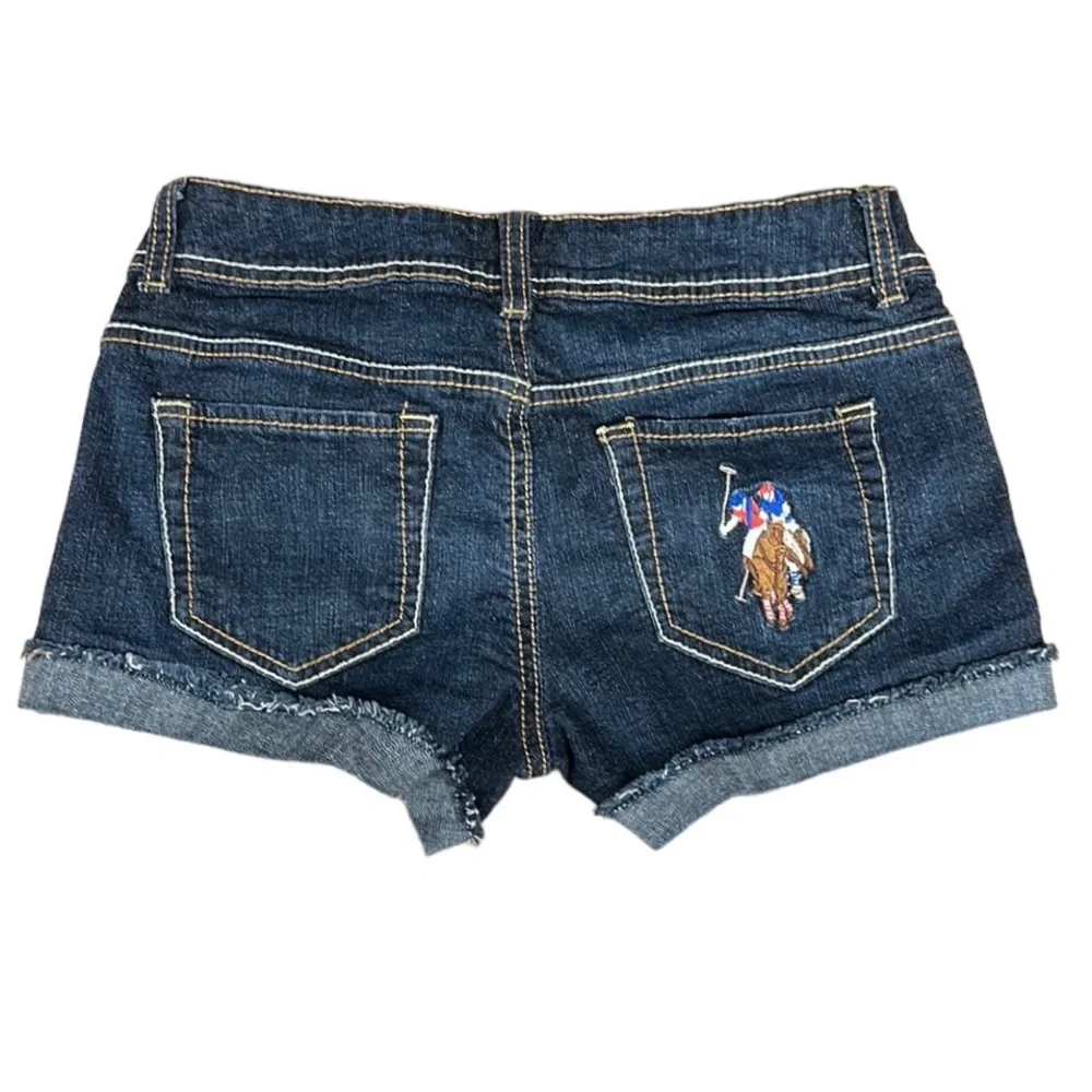 US Polo Assn Low Rise Distressed Fringed Daisy Dukes Big Pony Jean Shorts 3/4